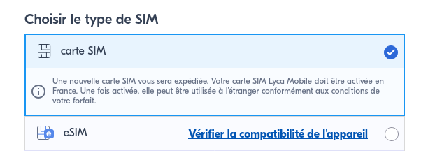 Choix carte SIM ou eSIM Lyca